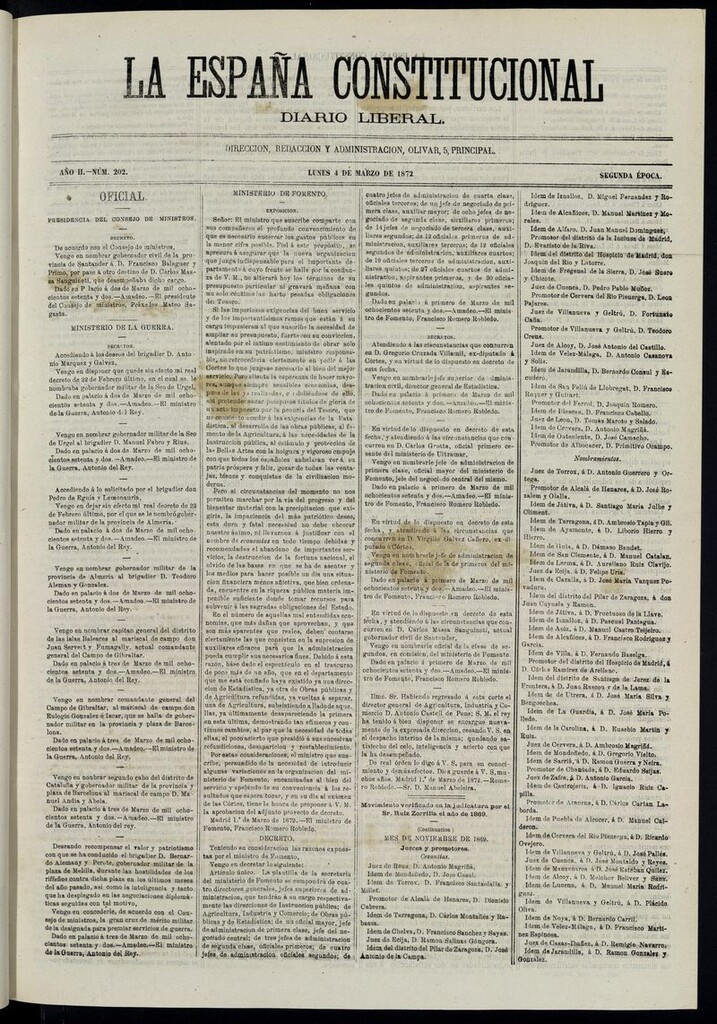 Miniatura de La España Constitucional: diario liberal del lunes 4 de marzo de 1872. Número 202