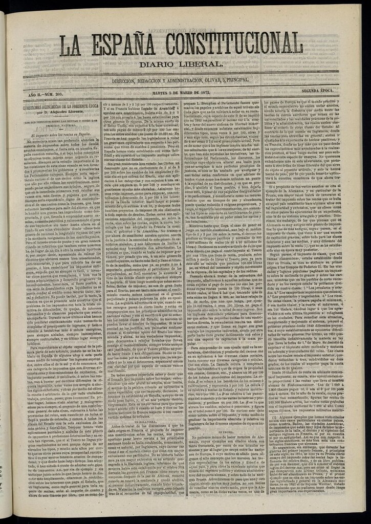 Miniatura de La España Constitucional: diario liberal del martes 5 de marzo de 1872. Número 203
