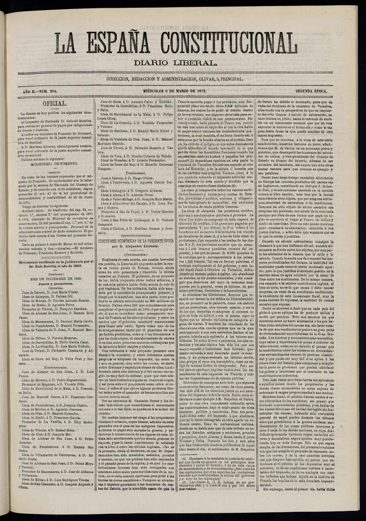Miniatura de La España Constitucional: diario liberal del miércoles 6 de marzo de 1872. Número 204