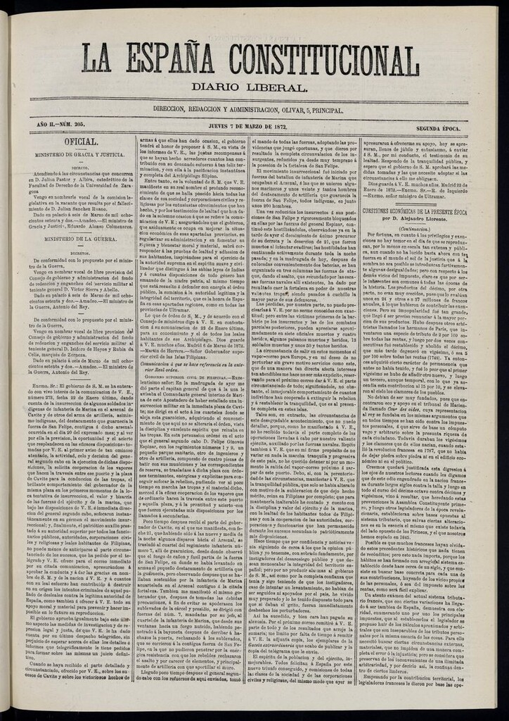 Miniatura de La España Constitucional: diario liberal del jueves 7 de marzo de 1872. Número 205