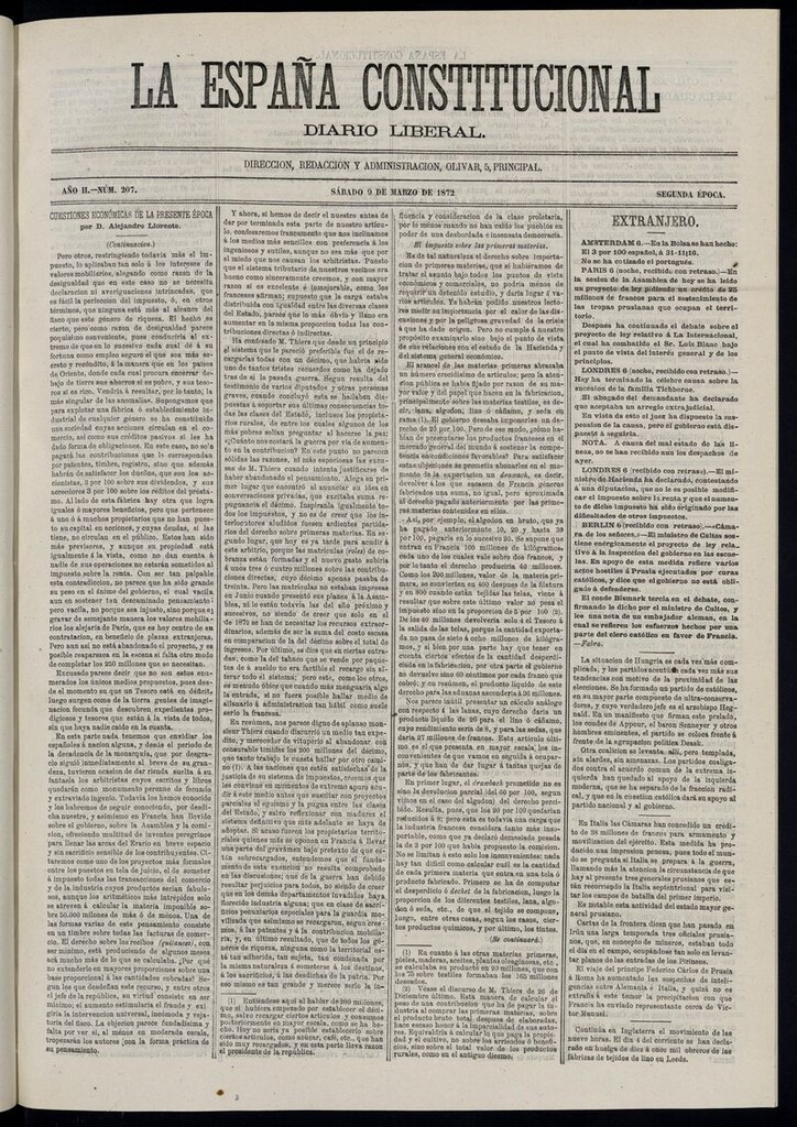 Miniatura de La España Constitucional: diario liberal del sábado 9 de marzo de 1872. Número 207