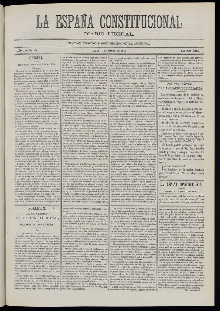 Miniatura de La España Constitucional: diario liberal del lunes 11 de marzo de 1872. Número 208