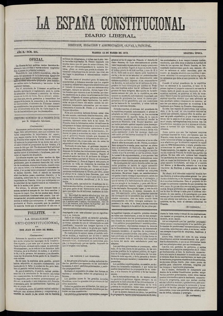 Miniatura de La España Constitucional: diario liberal del martes 12 de marzo de 1872. Número 209