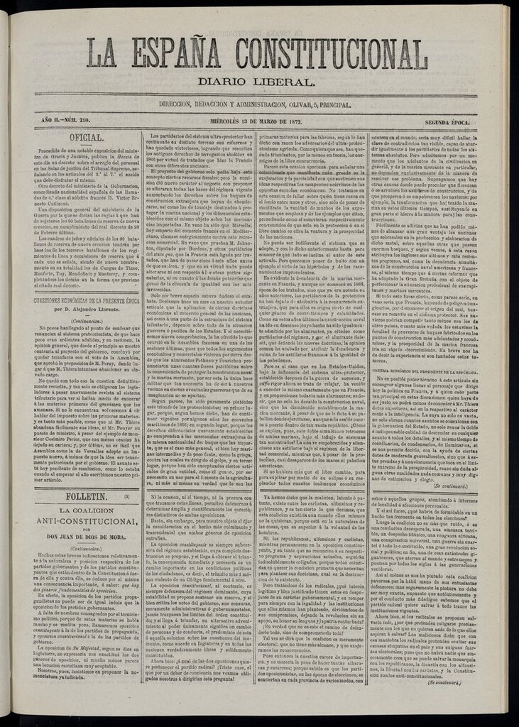 Miniatura de La España Constitucional: diario liberal del miércoles 13 de marzo de 1872. Número 210