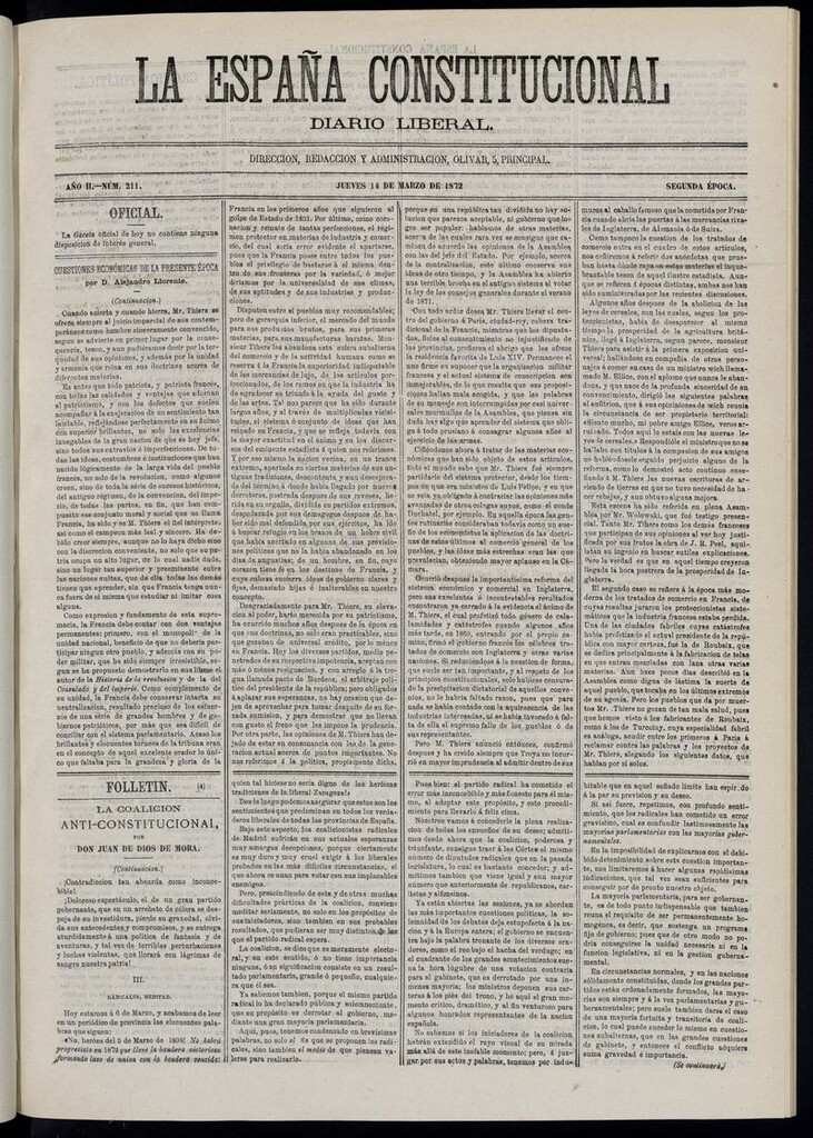 Miniatura de La España Constitucional: diario liberal del jueves 14 de marzo de 1872. Número 211