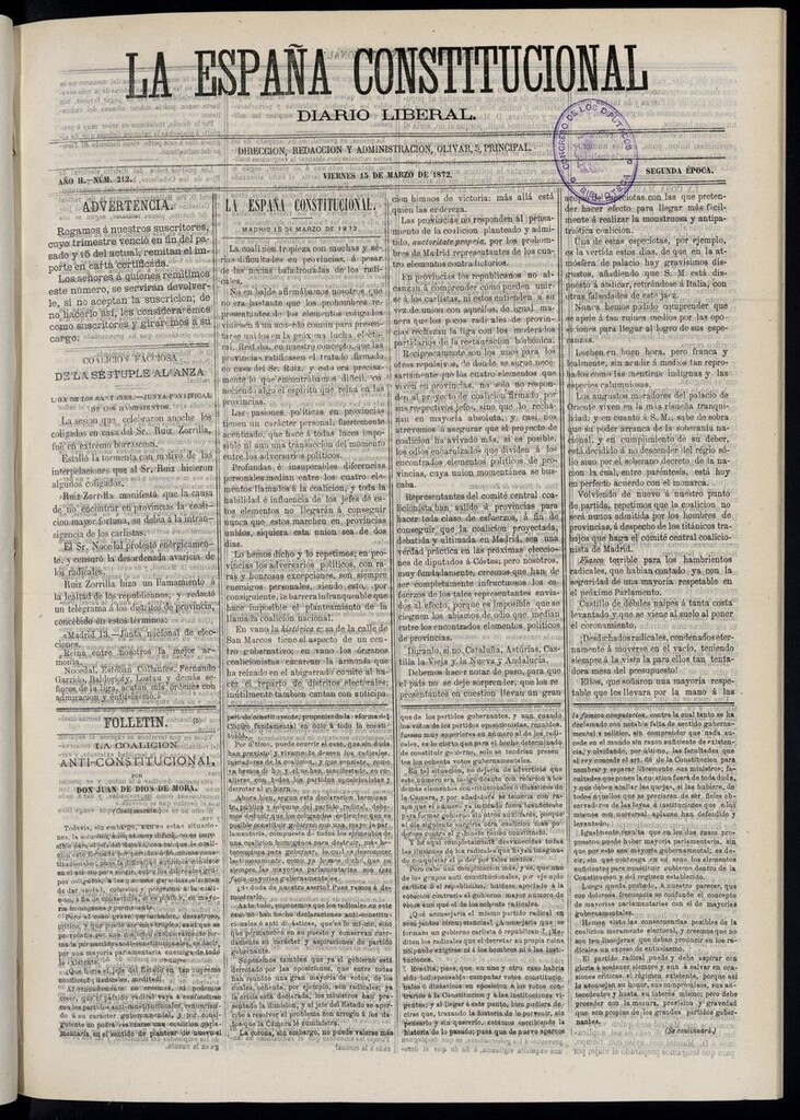 Miniatura de La España Constitucional: diario liberal del viernes 15 de marzo de 1872. Número 212