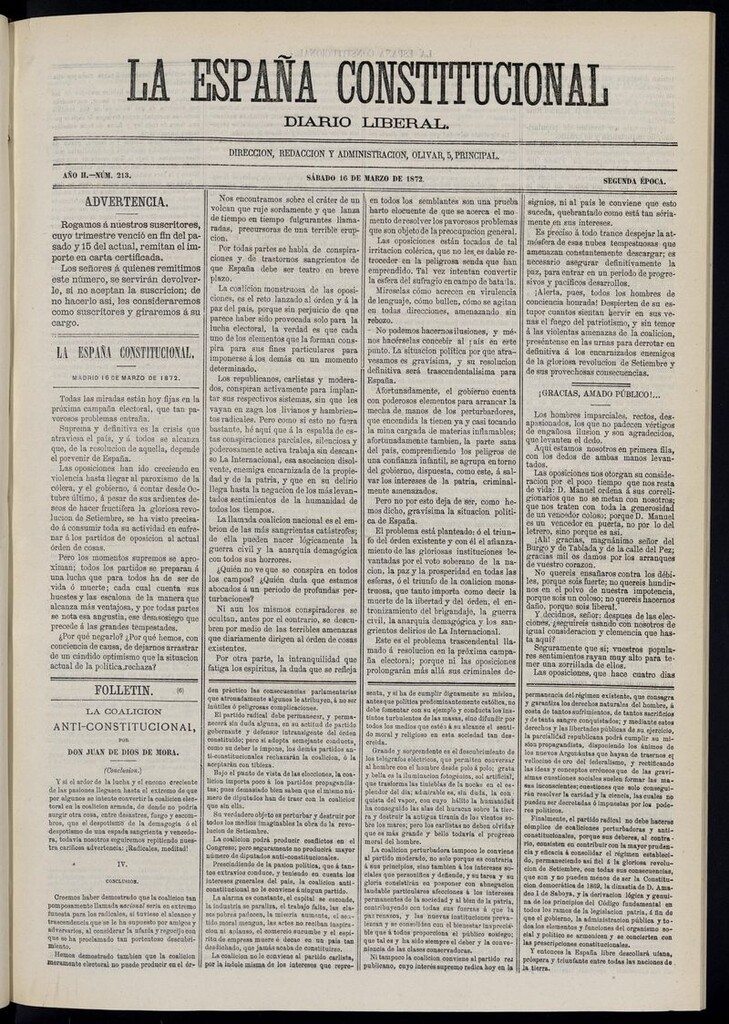 Miniatura de La España Constitucional: diario liberal del sábado 16 de marzo de 1872. Número 213