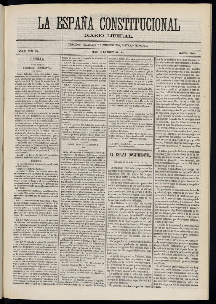 Miniatura de La España Constitucional: diario liberal del lunes 18 de marzo de 1872. Número 214