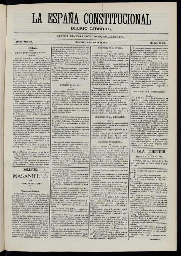 Miniatura de La España Constitucional: diario liberal del miércoles 20 de marzo de 1872. Número 215