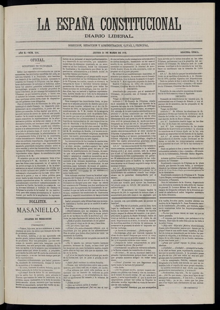 Miniatura de La España Constitucional: diario liberal del jueves 21 de marzo de 1872. Número 216