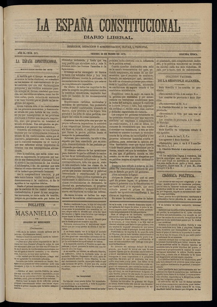 Miniatura de La España Constitucional: diario liberal del viernes 22 de marzo de 1872. Número 217