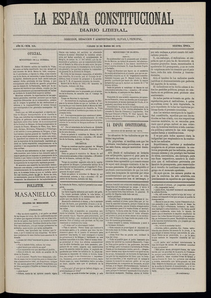 Miniatura de La España Constitucional: diario liberal del sábado 23 de marzo de 1872. Número 218