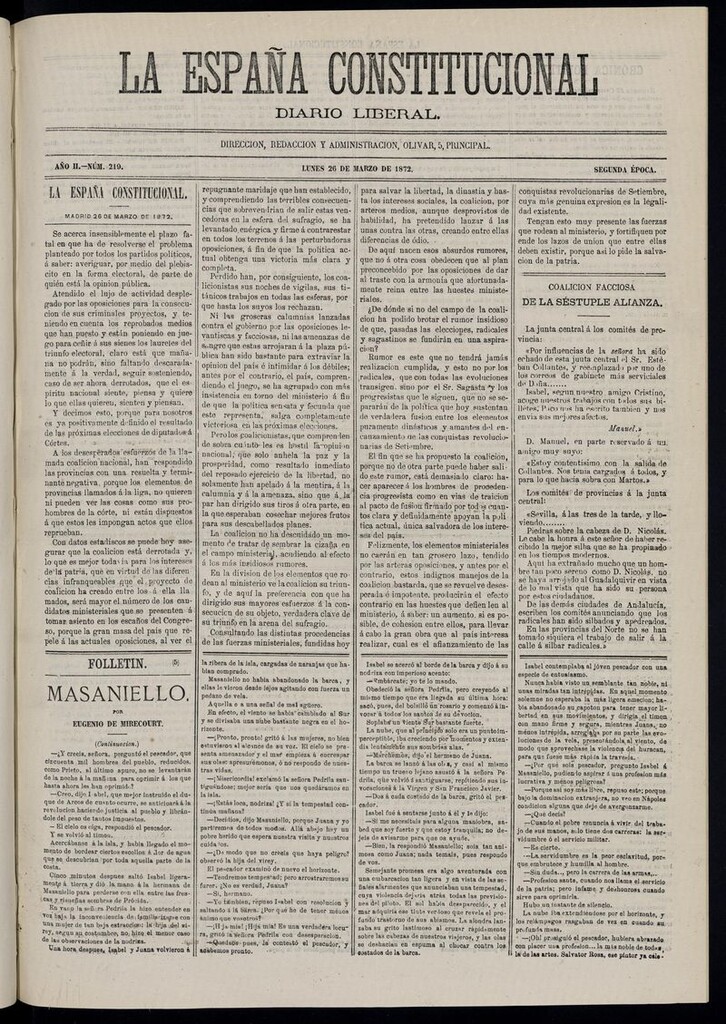 Miniatura de La España Constitucional: diario liberal del lunes 26 [sic] de marzo de 1872. Número 219
