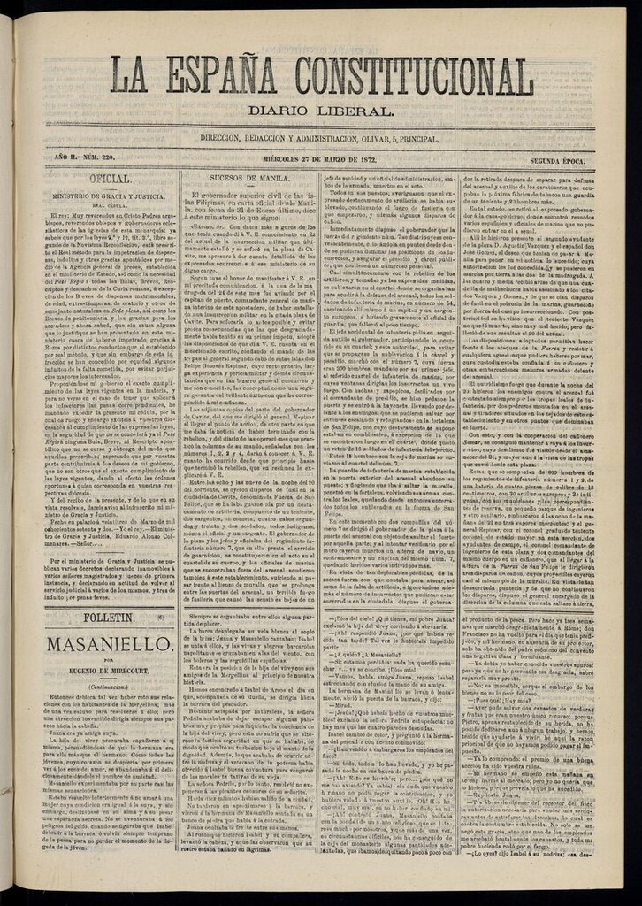 Miniatura de La España Constitucional: diario liberal del miércoles 27 de marzo de 1872. Número 220