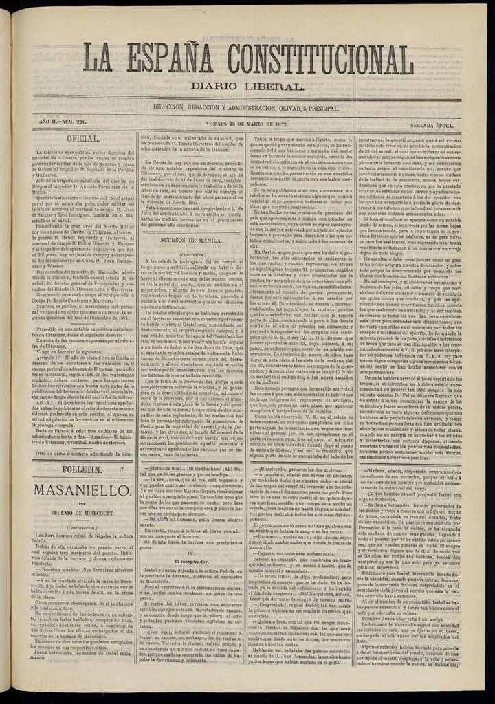 Miniatura de La España Constitucional: diario liberal del viernes 29 de marzo de 1872. Número 221