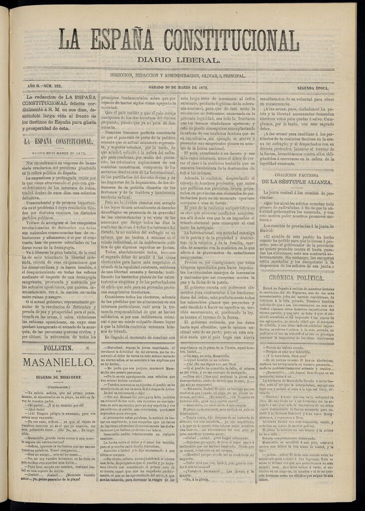 Miniatura de La España Constitucional: diario liberal del sábado 30 de marzo de 1872. Número 222