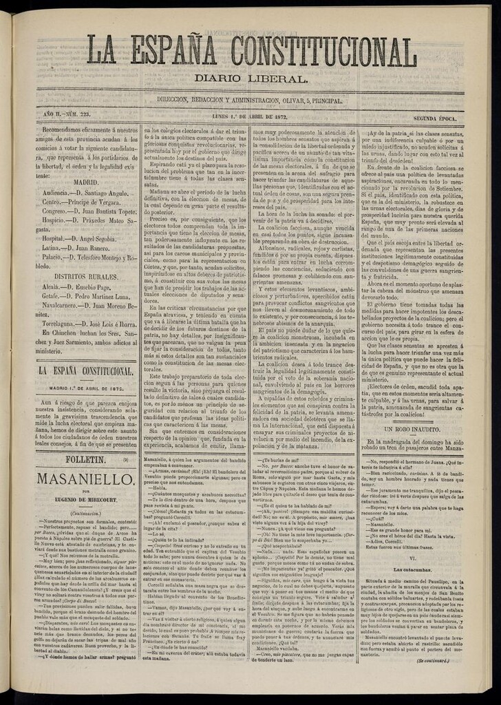 Miniatura de La España Constitucional: diario liberal del lunes 1 de abril de 1872. Número 223