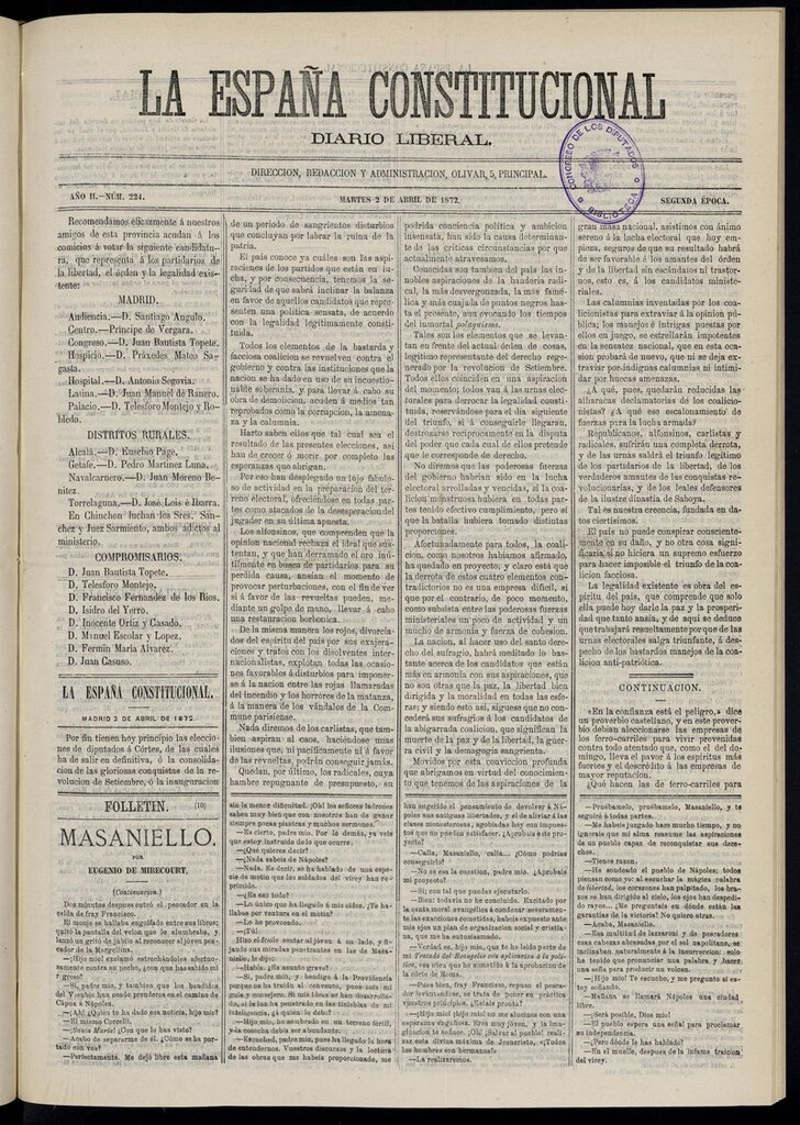 Miniatura de La España Constitucional: diario liberal del martes 2 de abril de 1872. Número 224