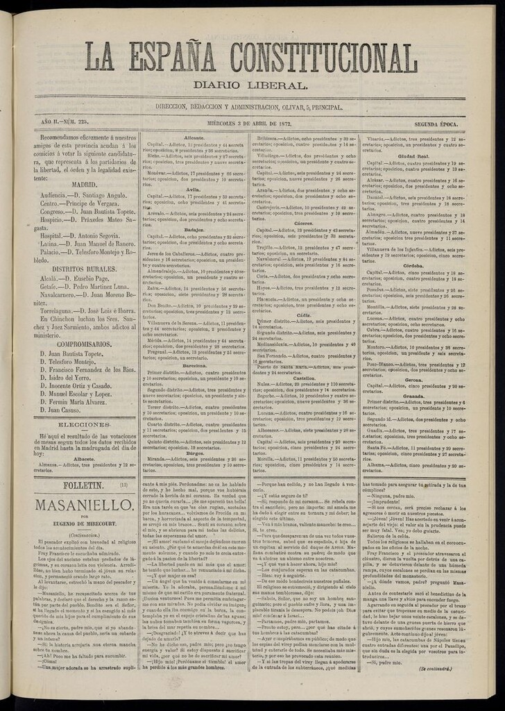 Miniatura de La España Constitucional: diario liberal del miércoles 3 de abril de 1872. Número 225
