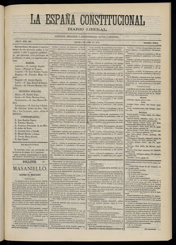 Miniatura de La España Constitucional: diario liberal del jueves 4 de abril de 1872. Número 226