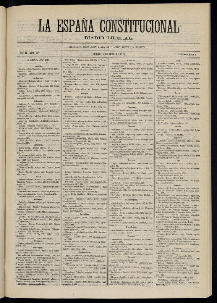 Miniatura de La España Constitucional: diario liberal del viernes 5 de abril de 1872. Número 227