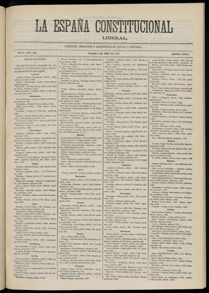 Miniatura de La España Constitucional: diario liberal del sábado 6 de abril de 1872. Número 228