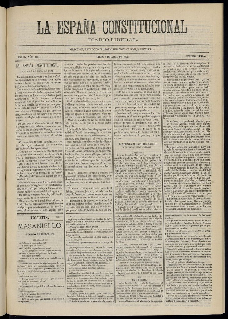 Miniatura de La España Constitucional: diario liberal del lunes 8 de abril de 1872. Número 229