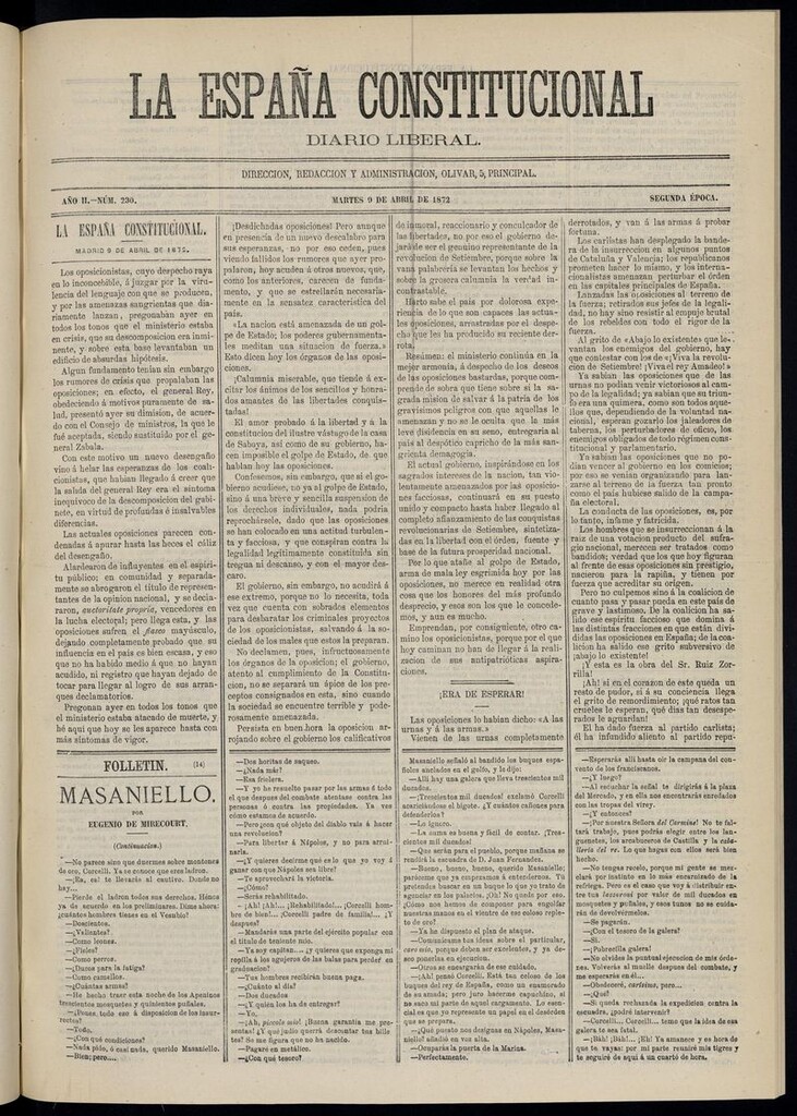 Miniatura de La España Constitucional: diario liberal del martes 9 de abril de 1872. Número 230