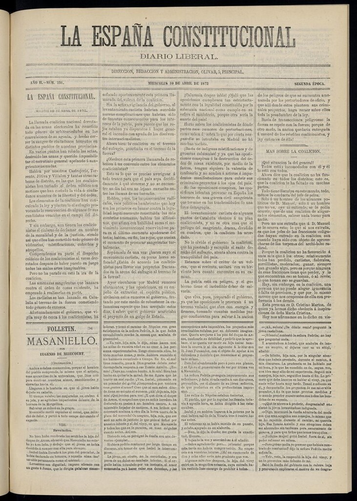 Miniatura de La España Constitucional: diario liberal del miércoles 10 de abril de 1872. Número 231
