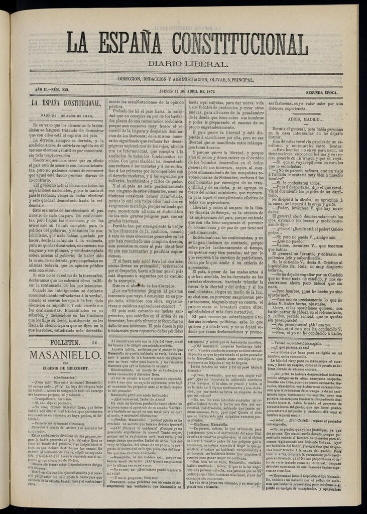 Miniatura de La España Constitucional: diario liberal del jueves 11 de abril de 1872. Número 232