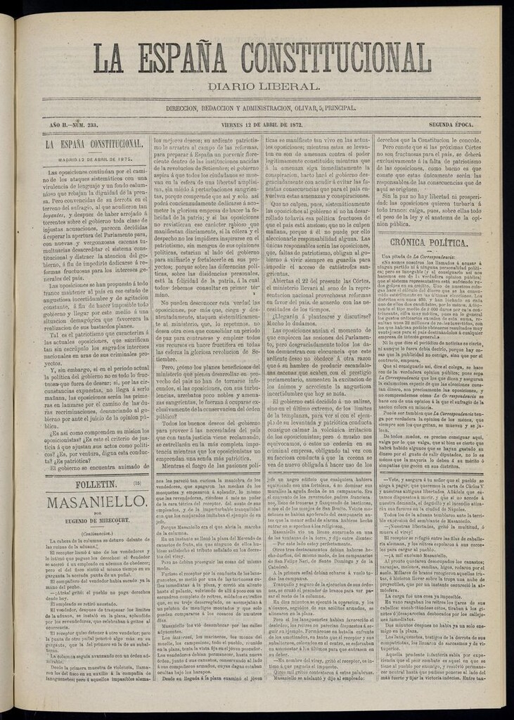 Miniatura de La España Constitucional: diario liberal del viernes 12 de abril de 1872. Número 233