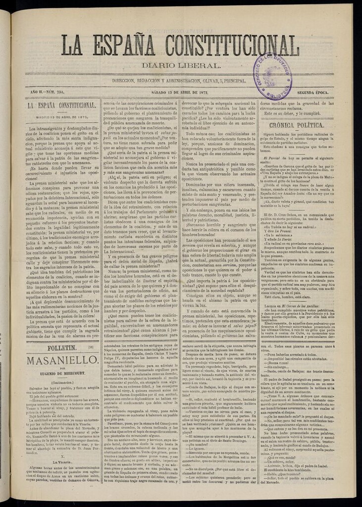 Miniatura de La España Constitucional: diario liberal del sábado 13 de abril de 1872. Número 234