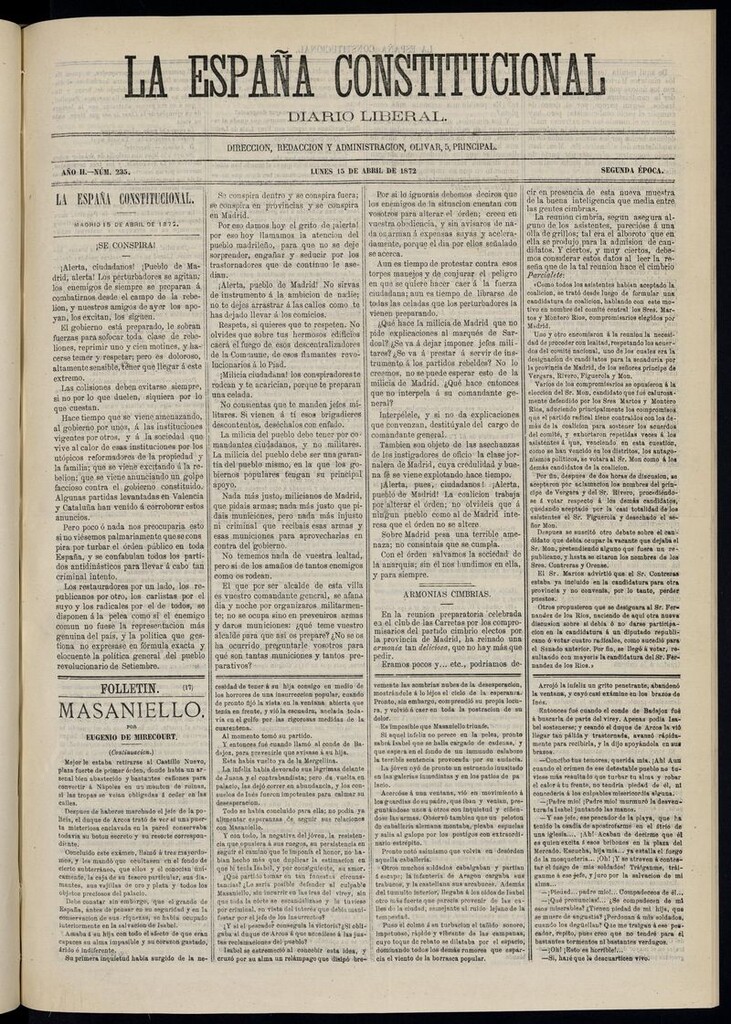 Miniatura de La España Constitucional: diario liberal del lunes 15 de abril de 1872. Número 235