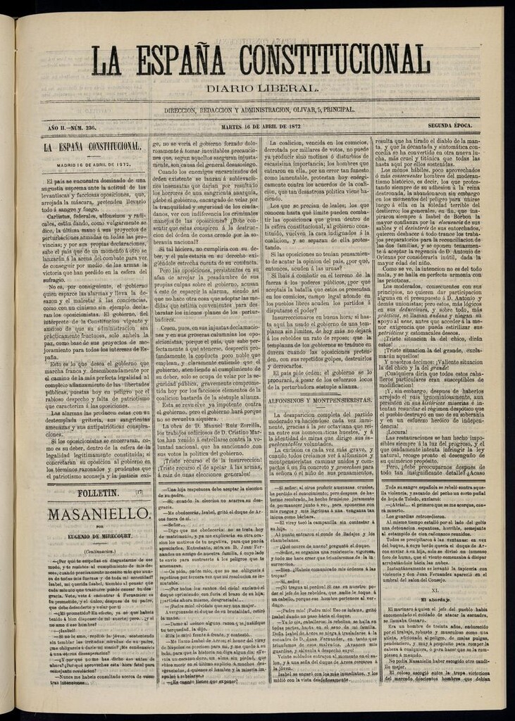 Miniatura de La España Constitucional: diario liberal del martes 16 de abril de 1872. Número 236