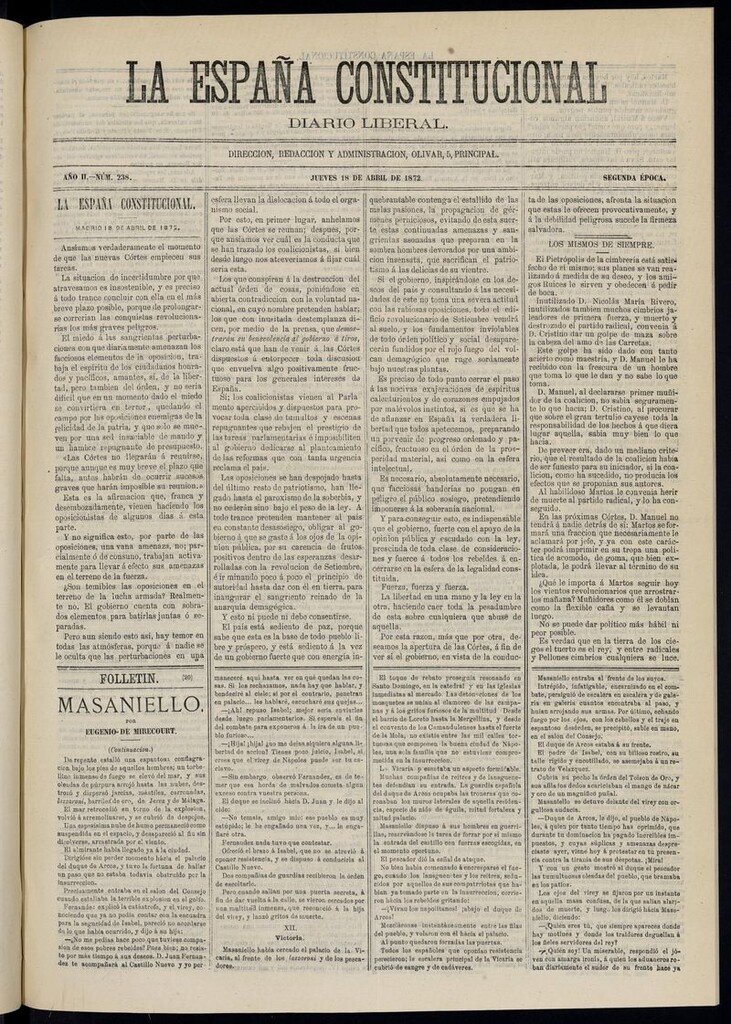 Miniatura de La España Constitucional: diario liberal del jueves 18 de abril de 1872. Número 238