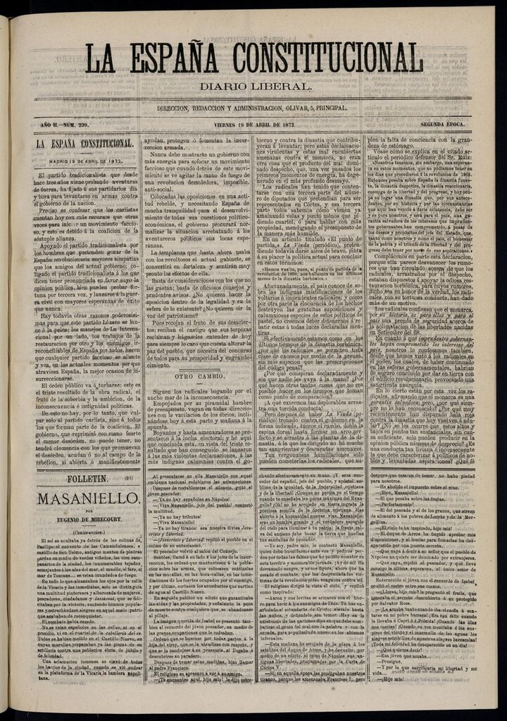 Miniatura de La España Constitucional: diario liberal del viernes 19 de abril de 1872. Número 239
