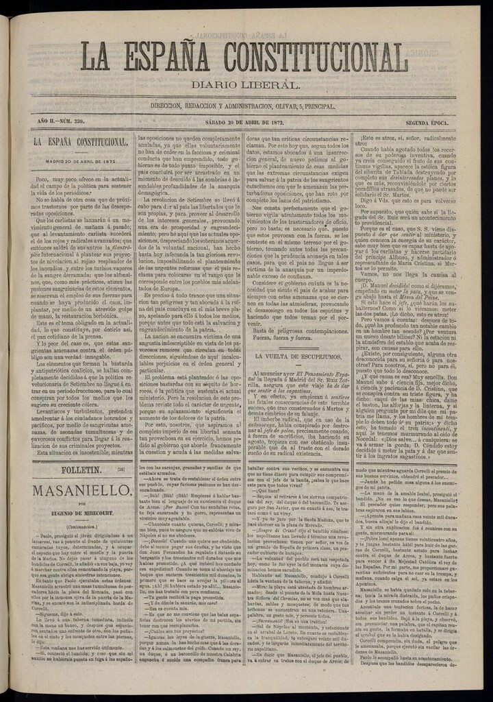 Miniatura de La España Constitucional: diario liberal del sábado 20 de abril de 1872. Número 239 [sic]