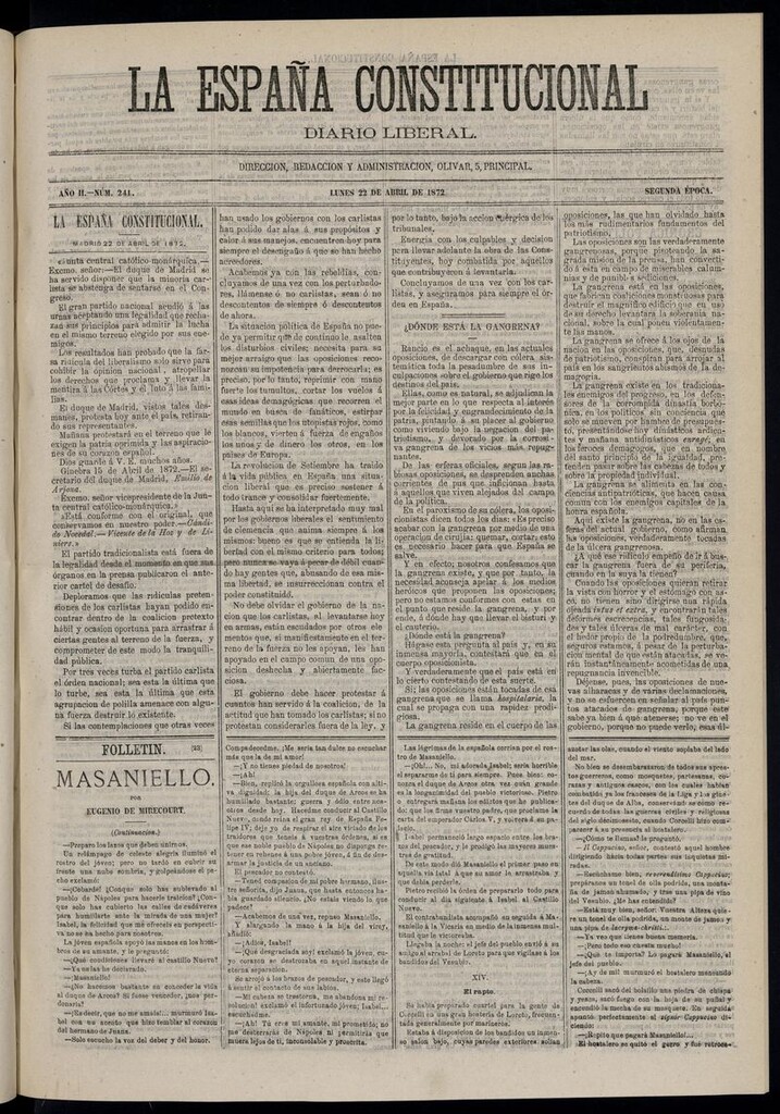 Miniatura de La España Constitucional: diario liberal del lunes 22 de abril de 1872. Número 241