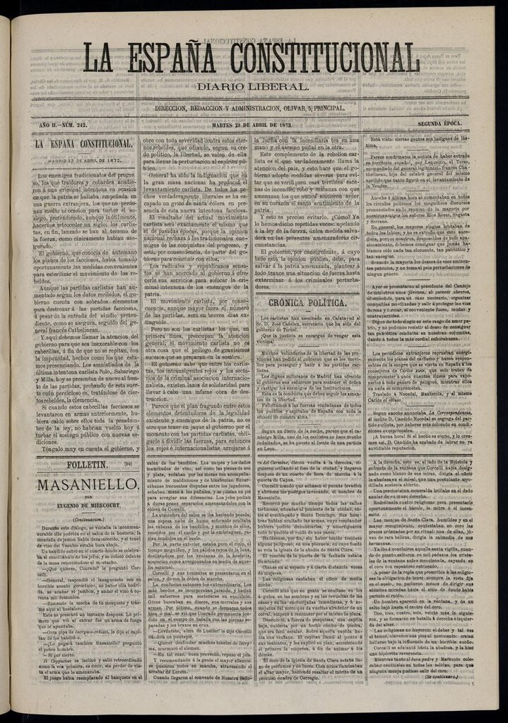 Miniatura de La España Constitucional: diario liberal del martes 23 de abril de 1872. Número 242