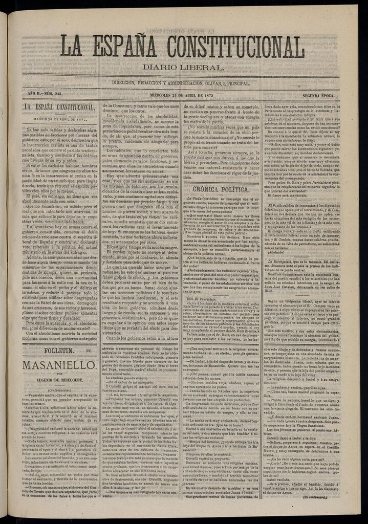 Miniatura de La España Constitucional: diario liberal del miércoles 24 de abril de 1872. Número 243