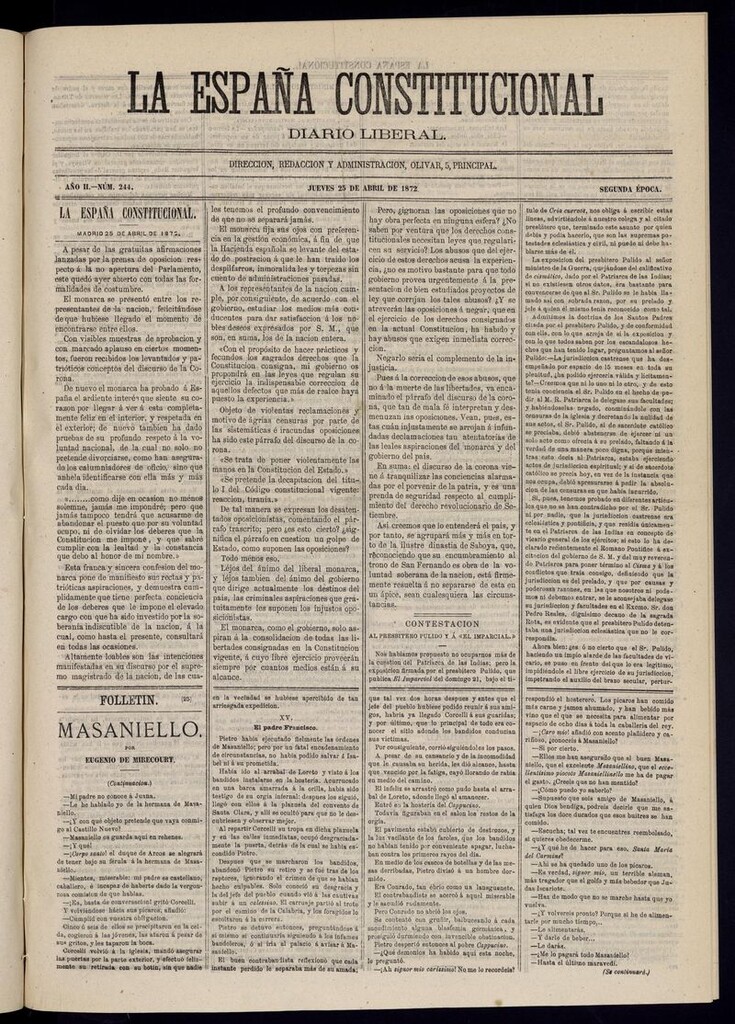 Miniatura de La España Constitucional: diario liberal del jueves 25 de abril de 1872. Número 244