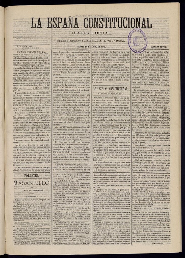 Miniatura de La España Constitucional: diario liberal del viernes 26 de abril de 1872. Número 245