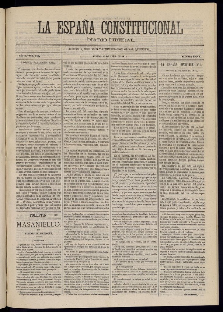 Miniatura de La España Constitucional: diario liberal del sábado 27 de abril de 1872. Número 246
