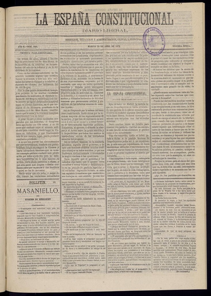 Miniatura de La España Constitucional: diario liberal del martes 30 de abril de 1872. Número 248