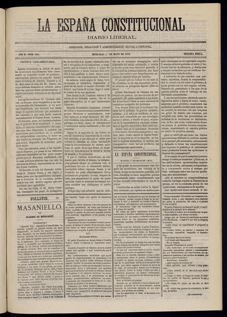 Miniatura de La España Constitucional: diario liberal del miércoles 1 de mayo de 1872. Número 249