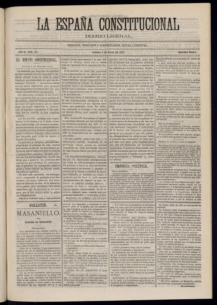 Miniatura de La España Constitucional: diario liberal del viernes 3 de mayo de 1872. Número 251