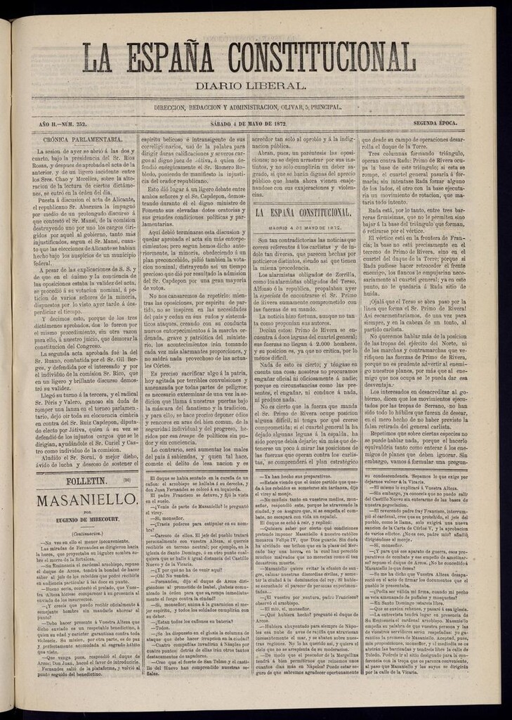 Miniatura de La España Constitucional: diario liberal del sábado 4 de mayo de 1872. Número 252