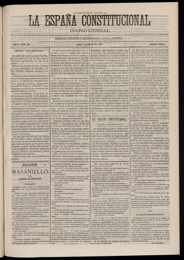 Miniatura de La España Constitucional: diario liberal del lunes 6 de mayo de 1872. Número 253