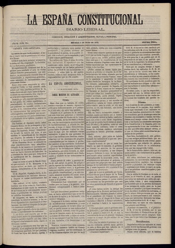 Miniatura de La España Constitucional: La España Constitucional: diario liberal del miércoles 8 de mayo de 1872. Número 255