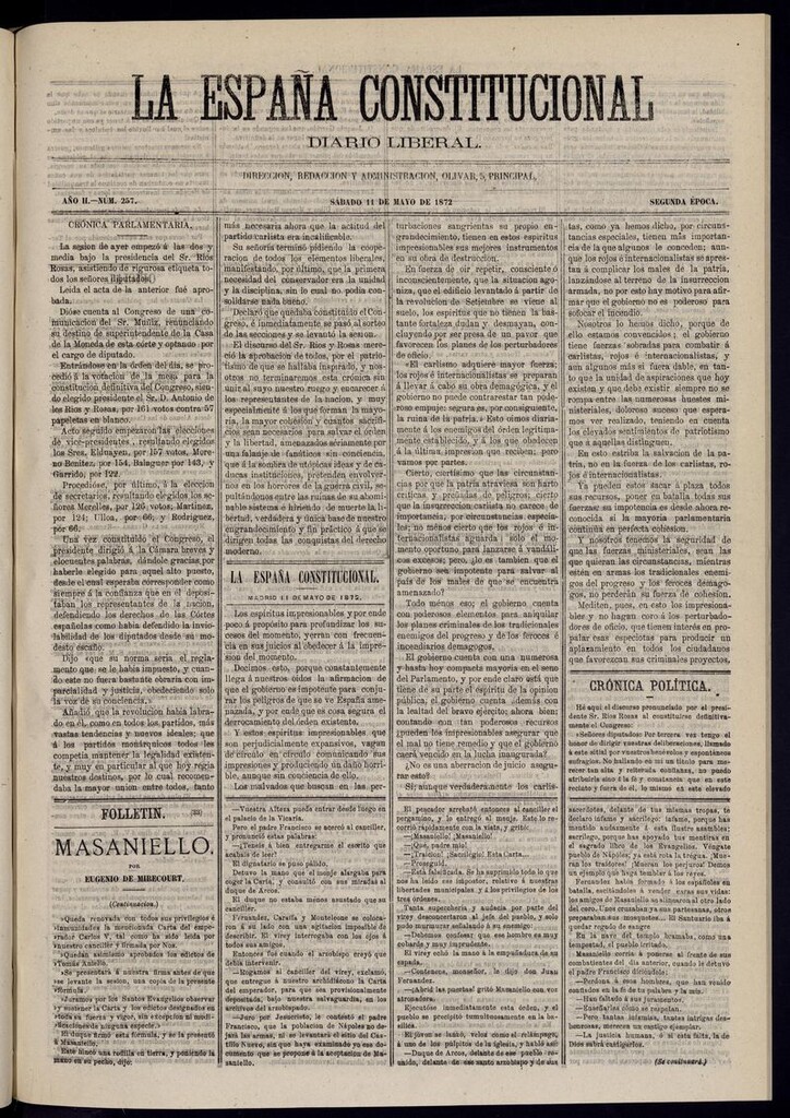 Miniatura de La España Constitucional: diario liberal del sábado 11 de mayo de 1872. Número 257